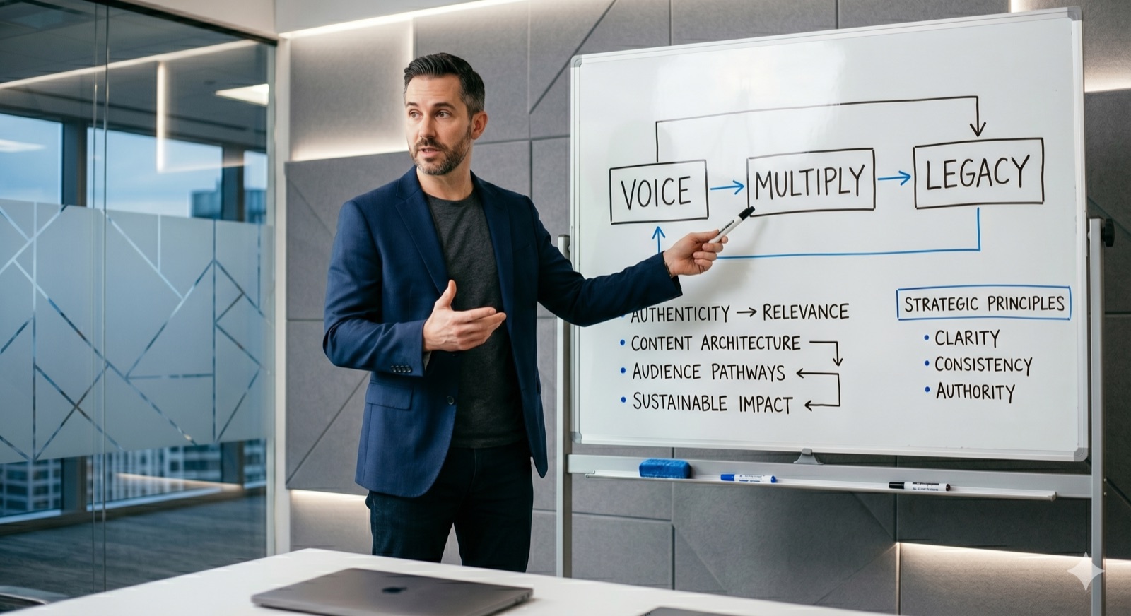 Eric at the whiteboard mapping out VOICE, MULTIPLY, and LEGACY frameworks